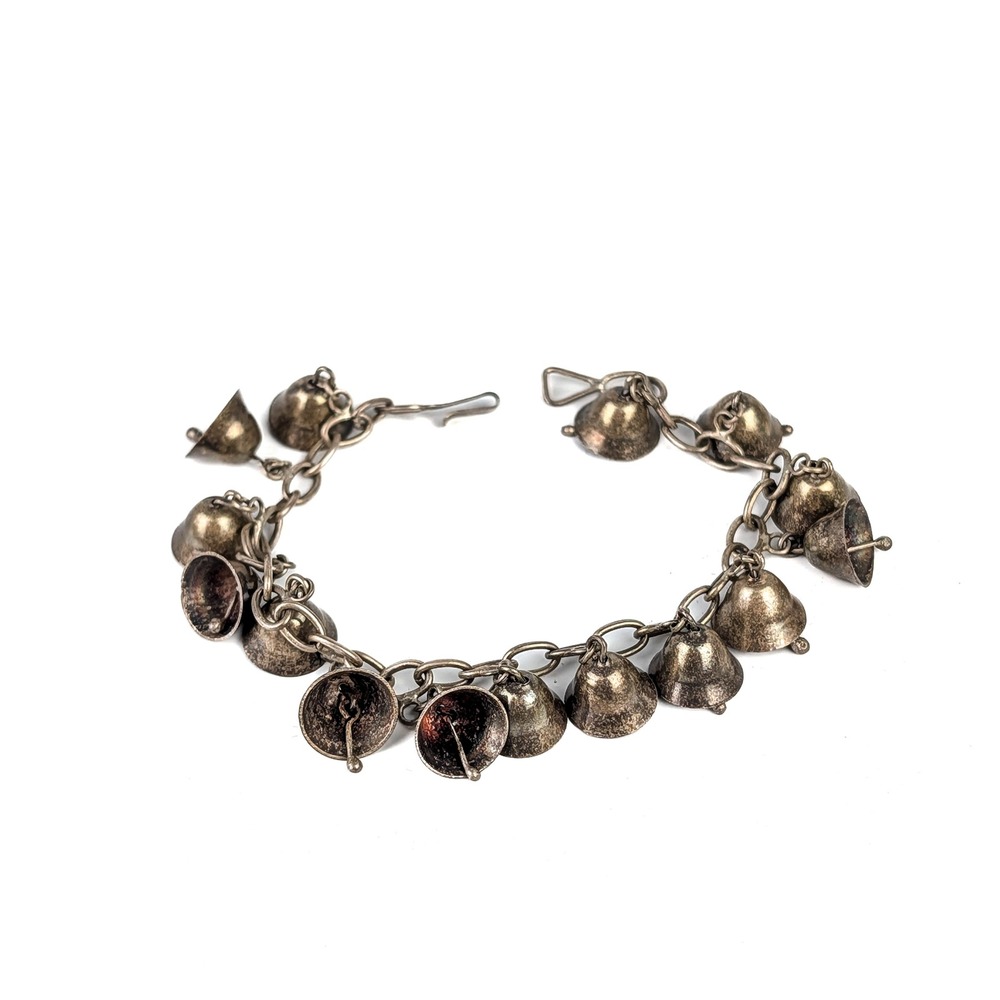 Vintage Silver Tone Bell Charm Bracelet Antique Finish Boho Tribal Jingle 8 Inch